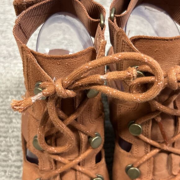 Sorel Sandals Women's 7.5 Nadia Teak Brown Orange Suede Lace Block Heel - Picture 4 of 10